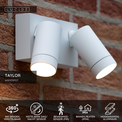 Lucide TAYLOR - Wandspot / Wandlamp Binnen/Buiten - 2xGU10 - IP54 - Bewegingssensor - Wit